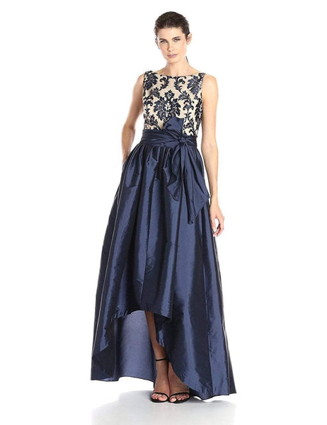 Embroidered Mesh Sleeveless Bateau Neck Natural Waistline High-Low-Hem Floral Print Evening Dress/Party Dress With a Bow(s) and a Sash