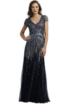 A-line V-neck Striped Print Floor Length Cap Sleeves Satin Sheer Mesh Sequined Back Zipper Natural Waistline Dress