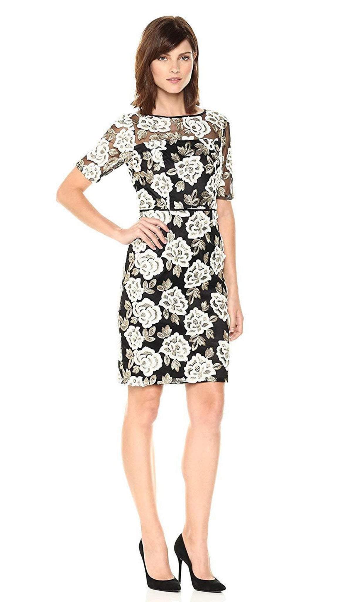 Adrianna Papell - AP1D101410 Floral Embroidered Illusion Bateau Dress
