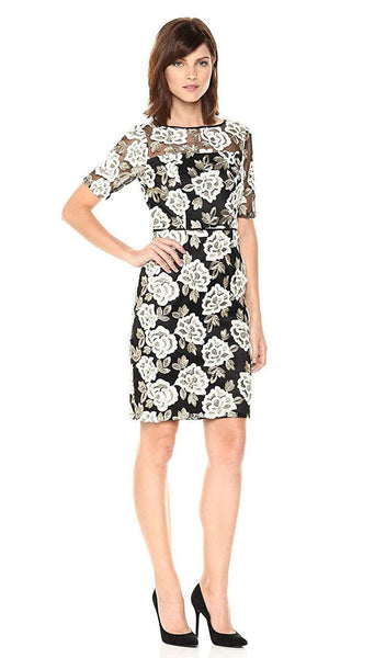 Sophisticated Floral Print Embroidered Illusion Fitted Keyhole Sheer Mesh Short Short Sleeves Sleeves Natural Waistline Bateau Neck Sheath Sheath Dress/Party Dress