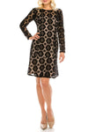 Sophisticated A-line Lace Natural Waistline Scoop Neck Back Zipper Sheer V Back Fitted Illusion Sheath Cocktail Above the Knee Long Sleeves Floral Print Sheath Dress