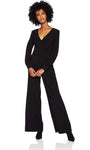 V-neck Jersey Natural Waistline Bishop Sleeves Floor Length Ruched Back Zipper Jumpsuit