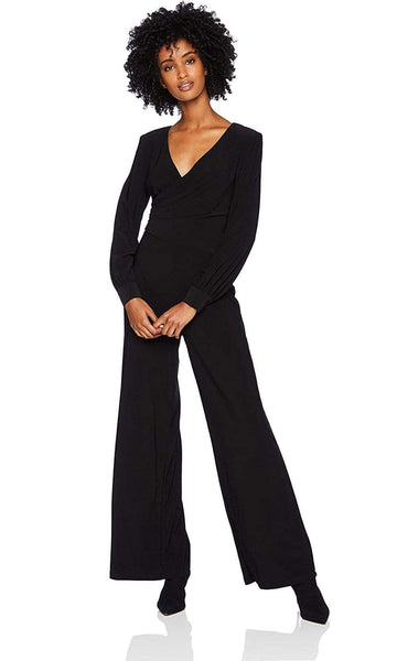 V-neck Floor Length Natural Waistline Ruched Back Zipper Bishop Sleeves Jersey Jumpsuit