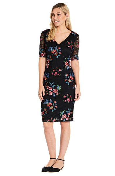 V-neck Floral Print Above the Knee Sheath Fitted Embroidered Natural Waistline Short Sleeves Sleeves Sheath Dress