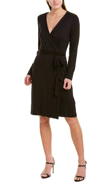 A-line V-neck Jersey Faux Wrap Self Tie Long Sleeves Above the Knee Natural Tie Waist Waistline Dress With a Sash