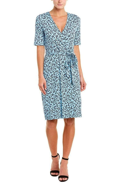 Sophisticated V-neck Floral Print Sheath Short Sleeves Sleeves Faux Wrap Natural Waistline Above the Knee Jersey Sheath Dress