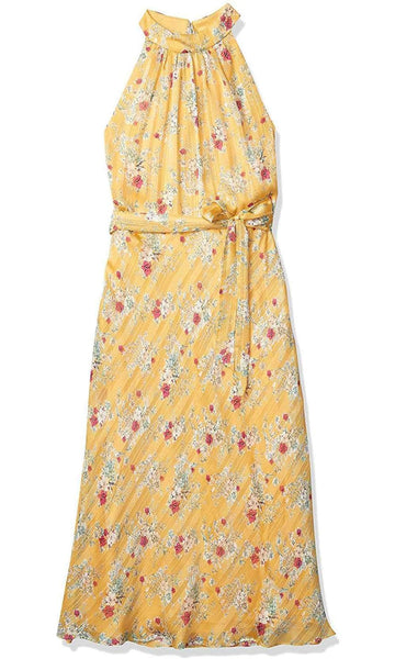 A-line Natural Tie Waist Waistline Floral Print Sleeveless Pleated Keyhole Polyester Floor Length Halter Dress With a Ribbon