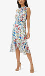 A-line High-Neck Above the Knee High-Low-Hem Floral Print Tie Waist Waistline Back Zipper Sleeveless Dress With Ruffles