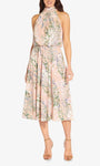 A-line Fall Floral Print Back Zipper Sleeveless High-Neck Tea Length Dress With a Bow(s)