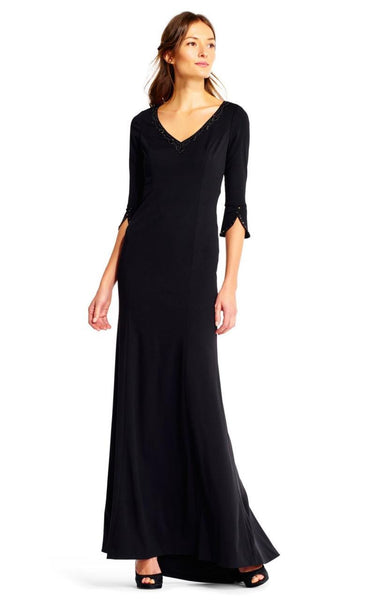 V-neck Floor Length Sheath Flutter Long Elbow Length Sleeves Natural Waistline Crepe 2014 Back Zipper Sheath Dress/Evening Dress