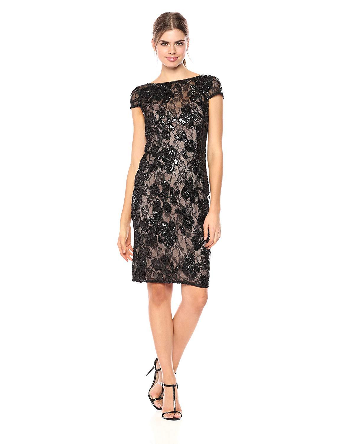 Adrianna Papell - AP1E201934 Embroidered Sequined Bateau Sheath Dress
