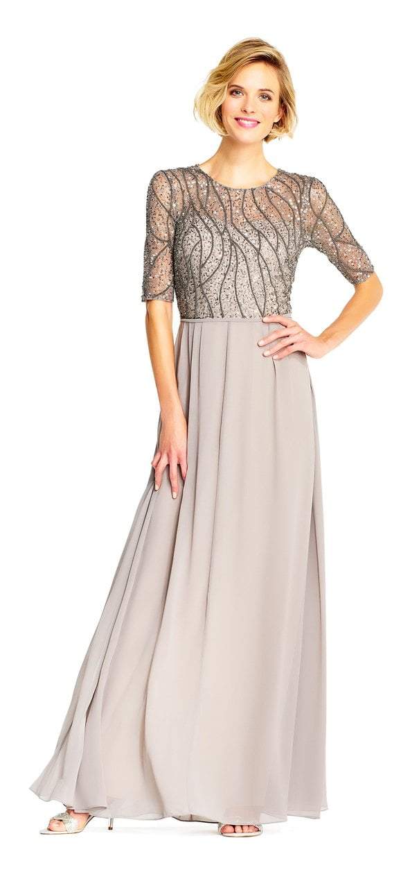 Adrianna Papell - AP1E202210 Elbow Sleeves Beaded Chiffon Gown
