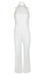 Crepe Halter Sleeveless Back Zipper Fitted Beaded Open-Back Natural Waistline Jumpsuit With Pearls