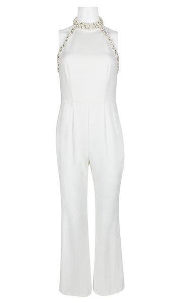 Sleeveless Open-Back Beaded Fitted Back Zipper Halter Natural Waistline Crepe Jumpsuit With Pearls