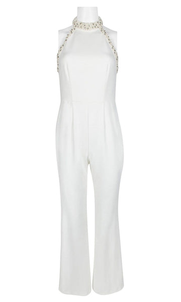 Halter Sleeveless Beaded Back Zipper Open-Back Fitted Natural Waistline Crepe Jumpsuit With Pearls