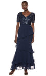 V-neck Tiered Back Zipper Sequined Embroidered Short Sleeves Sleeves Fall Natural Waistline Sheath Sheath Dress