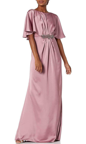 Modest A-line Floor Length Short Short Sleeves Sleeves Back Zipper Jeweled Ruched Pleated Bateau Neck Natural Waistline Mother-of-the-Bride Dress