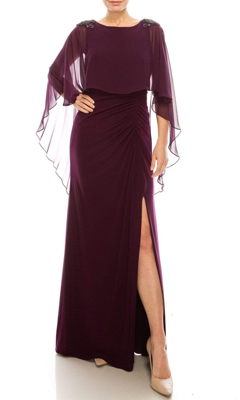 Adrianna Papell - AP1E206514 Ruched High Slit Sheer Cape Evening Dress