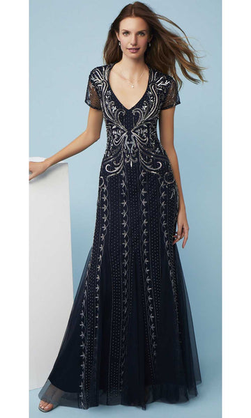 Sophisticated A-line V-neck Embroidered Sheer Hidden Back Zipper Cutout Mesh Beaded Natural Waistline Floor Length Short Sleeves Sleeves Evening Dress