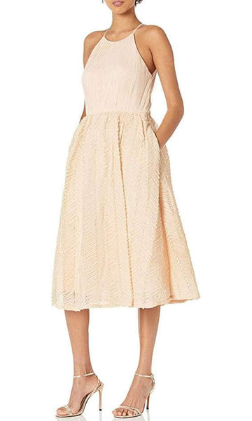 A-line Back Zipper Mesh Cutout Pocketed Shirred Sleeveless Halter Tea Length Polyester Natural Waistline Dress