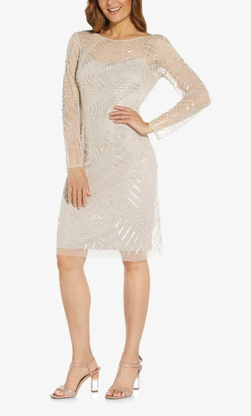 Sophisticated Long Sleeves Polyester Natural Waistline Bateau Neck Illusion Sequined Beaded Sheer Back Zipper Mesh Open-Back Cocktail Above the Knee Sheath Sheath Dress With Pearls