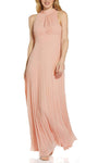 A-line Flowy Cutout Pleated Keyhole Natural Waistline High-Neck Floor Length Short Sleeveless Dress