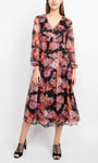 Tall A-line V-neck Sheer Tiered Semi Sheer Tea Length Floral Print Bishop Sleeves Empire Waistline Dress