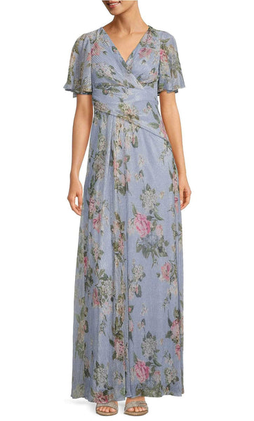 Tall Sophisticated V-neck Short Sleeves Sleeves Natural Waistline Short Floral Print Sheath Pleated Mesh Asymmetric Back Zipper Sheath Dress