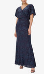 V-neck Natural Waistline Flutter Sleeves Floral Print Embroidered Pleated Back Zipper Sheath Sheath Dress/Evening Dress