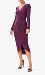 V-neck Natural Waistline High-Low-Hem Sheath Long Sleeves Faux Wrap Back Zipper Beaded Sheath Dress