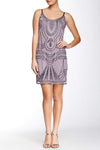 Modest Scoop Neck Beaded Open-Back Mesh Geometric Print Short Natural Waistline Sheath Sheath Dress