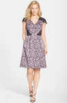 A-line V-neck Cap Sleeves Above the Knee Back Zipper Gathered Jacquard Lace Floral Print Natural Waistline Dress