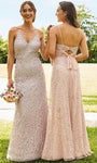 A-line V-neck Sequined Sheer Cutout Beaded Open-Back Floor Length Natural Waistline Sleeveless Dress With a Ribbon