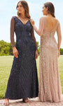 A-line V-neck Geometric Print Button Closure Sequined Beaded Mesh Natural Waistline Floor Length Long Sleeves Dress