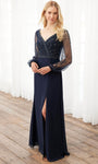 A-line V-neck Sheer Puff Sleeves Sleeves Floor Length Back Zipper Faux Wrap Beaded Slit Natural Waistline Striped Print Evening Dress