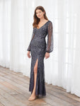 V-neck Floor Length Mermaid Natural Waistline Bishop Long Sleeves Sheer Back Zipper Slit Mesh V Back Fitted Sequined Beaded Flared-Skirt Evening Dress