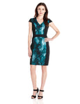 V-neck Cap Sleeves Short Fitted Back Zipper Sheath Natural Waistline General Print Sheath Dress