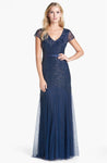 A-line V-neck Short Sleeves Sleeves Natural Waistline Sequined Back Zipper Evening Dress