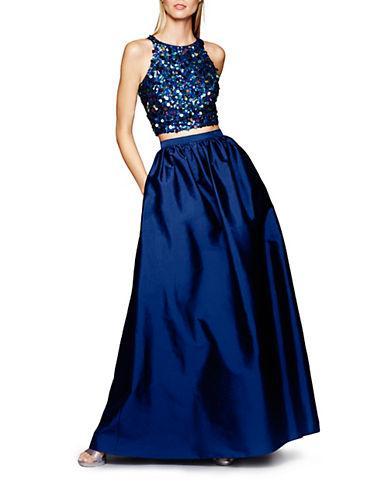 A-line Sequined Pleated Back Zipper Taffeta Natural Waistline Halter Floor Length Evening Dress/Prom Dress