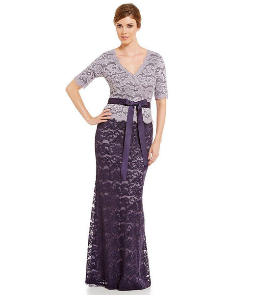 V-neck Floor Length Sheath Natural Tie Waist Waistline 3/4 Sleeves Lace Sheath Dress/Evening Dress With a Bow(s)