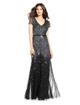 V-neck Mesh Sequined Back Zipper Beaded Sheath Short Sleeves Sleeves Natural Waistline Floor Length Sheath Dress/Evening Dress