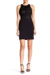 Jeweled Button Closure Asymmetric Hidden Side Zipper Fitted Mesh Jeweled Neck Cocktail Above the Knee Sheath Sleeveless Lace Natural Waistline Sheath Dress