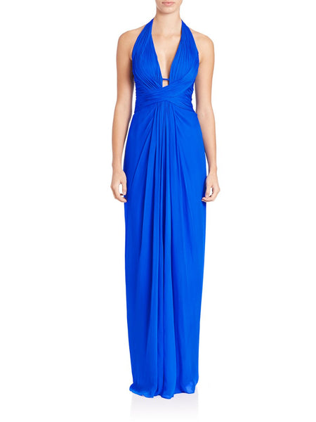Halter Plunging Neck Sheath Sleeveless Basque Waistline Silk Fitted Draped Open-Back Back Zipper Ruched Pleated Shirred Floor Length Sheath Dress