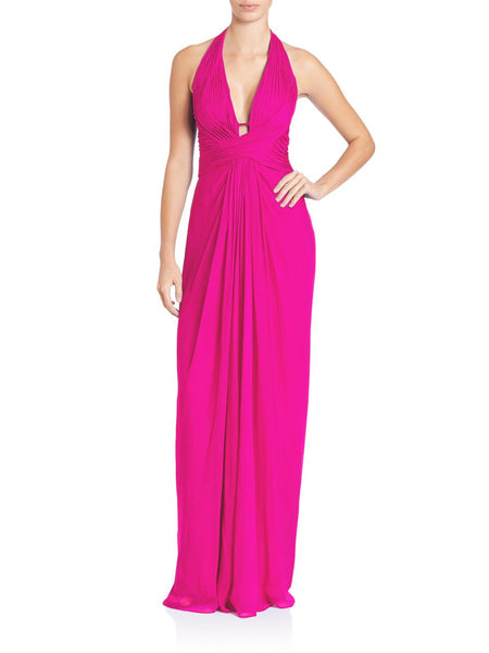 Halter Plunging Neck Floor Length Basque Waistline Sleeveless Shirred Fitted Ruched Back Zipper Pleated Draped Open-Back Sheath Silk Sheath Dress