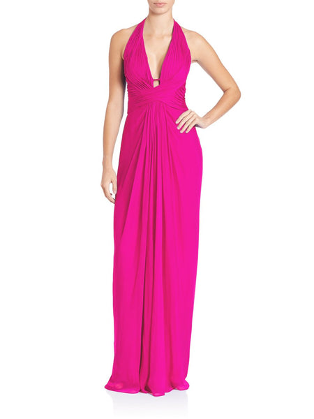 Sleeveless Silk Draped Pleated Open-Back Back Zipper Shirred Fitted Ruched Halter Plunging Neck Sheath Basque Waistline Floor Length Sheath Dress