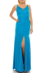 V-neck Sheath Sleeveless Spaghetti Strap Slit Back Zipper V Back Floor Length Natural Waistline Sheath Dress with a Brush/Sweep Train