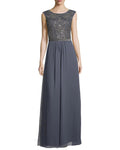 A-line Bateau Neck Natural Waistline Cap Sleeves Beaded Mesh V Back Evening Dress