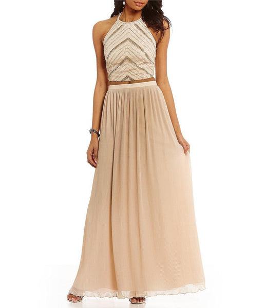 A-line Sleeveless Halter Natural Waistline Floor Length Chiffon Mesh Open-Back Goddess Evening Dress
