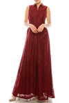 A-line Collared High-Neck Floral Print Lace Button Front Natural Waistline Sleeveless Floor Length Dress