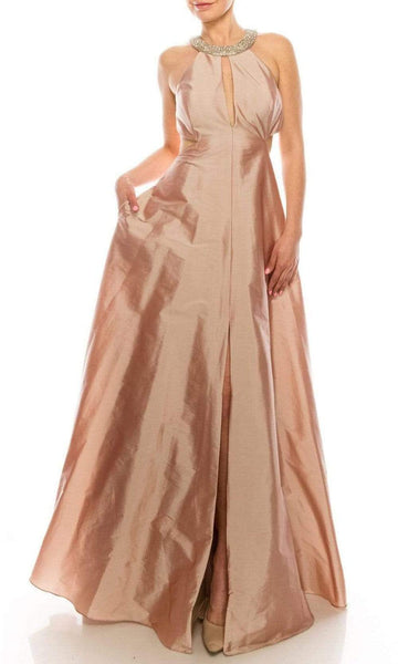 A-line Sleeveless Natural Waistline Halter Beaded Keyhole Lace-Up Taffeta Floor Length Prom Dress with a Brush/Sweep Train